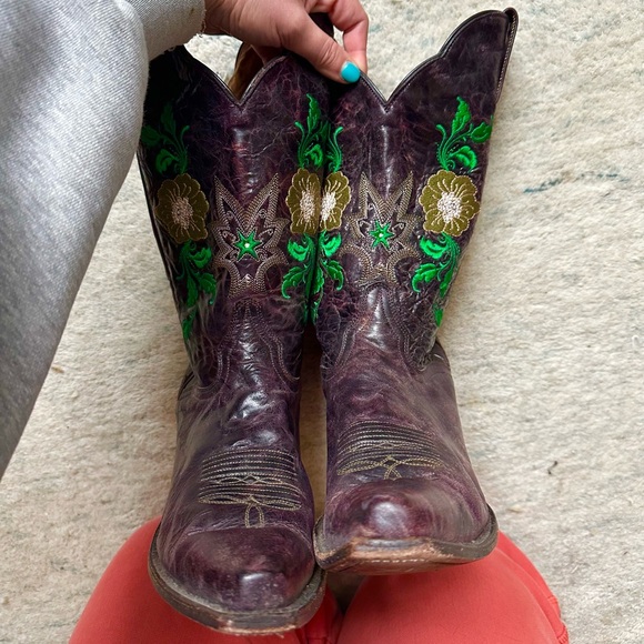 J.B. Dillon Distressed Western Cowboy Boots Floral Embroidery Brown 11B Boho - Picture 6 of 8